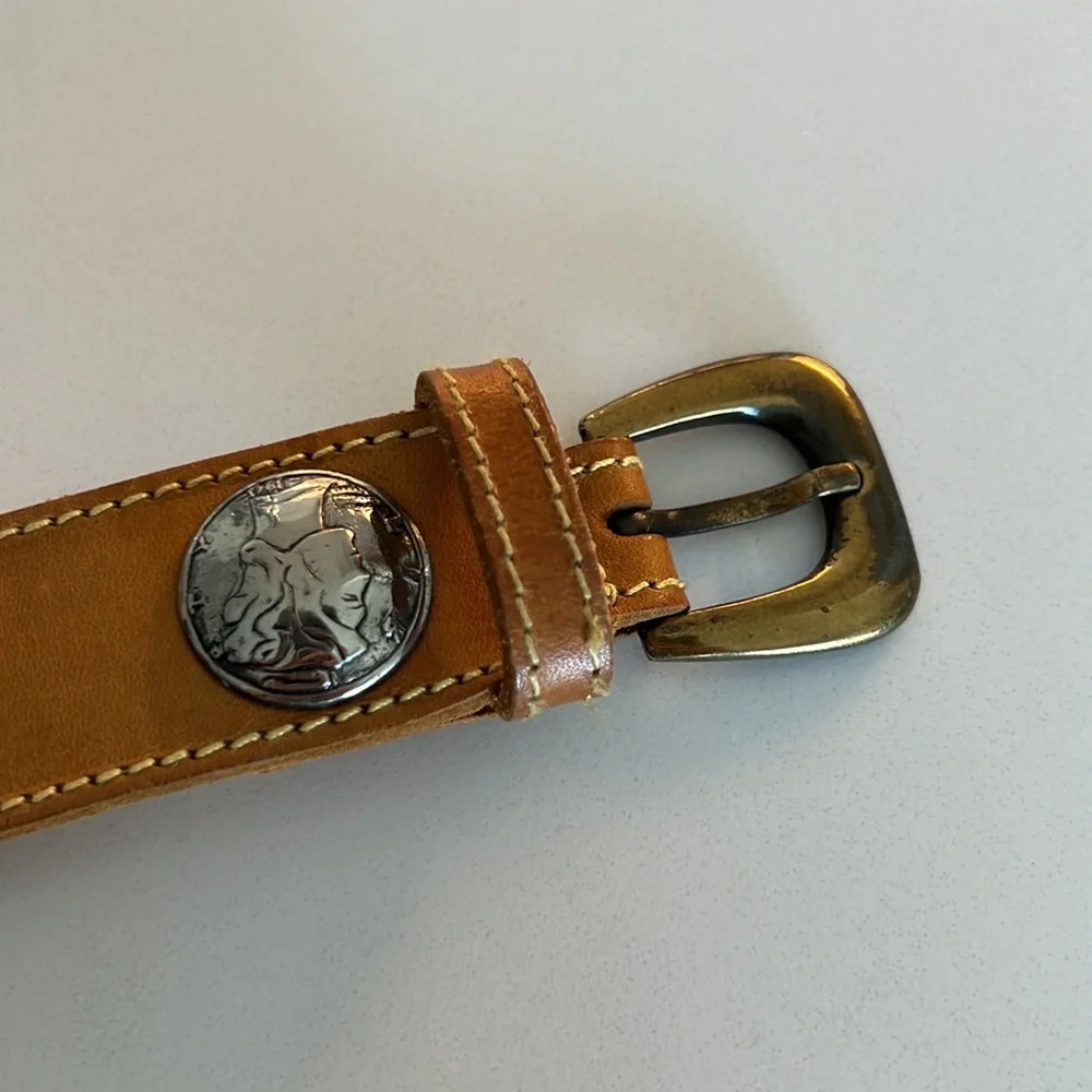 VTG Mustard Yellow Leather Coin Belt Brass Silver Metal Medallions Western Boho